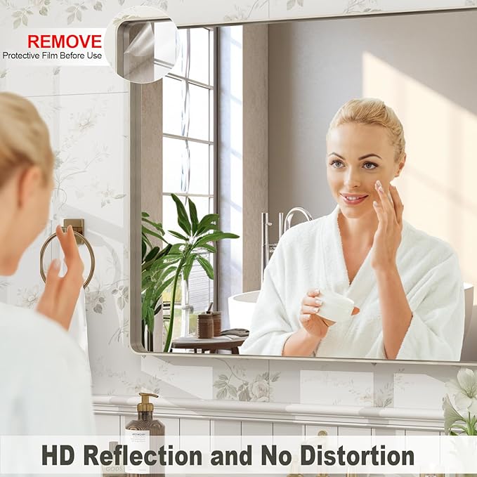 60x36 Inch Brushed Nickel Bathroom Mirror, Large Brushed Silver Metal Framed Wall Mirror, Rounded Corner Rectangle Modern Vanity Mirror, Tempered Glass, Anti-Rust, Shatterproof (Horizontal/Vertical)