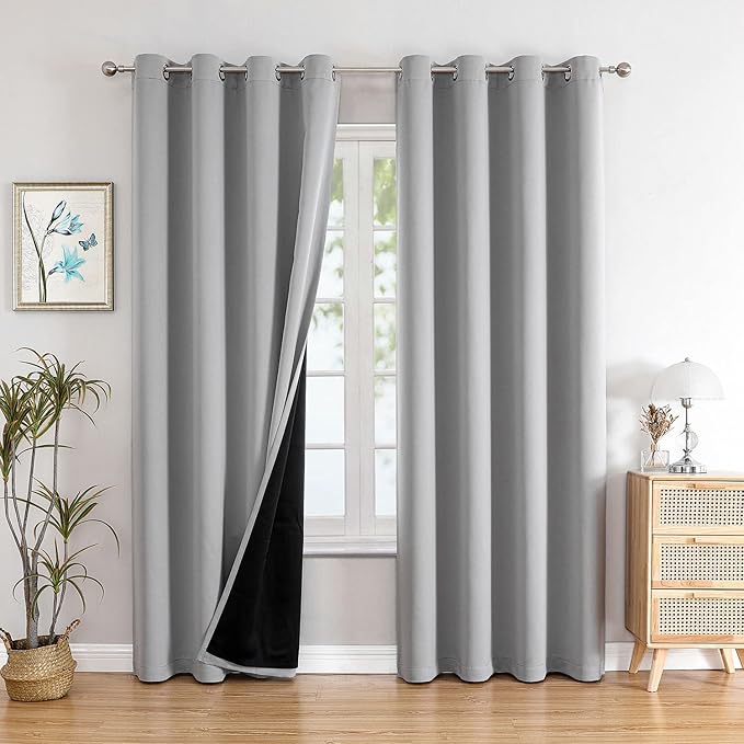 ChrisDowa 100% Blackout Curtains for Bedroom with Black Liner, 2 Thick Layers Total Blackout Thermal Insulated Grommet Window Curtains 72 Inch Length 2 Panels Set (Light Grey, 52 x 72 Inch)
