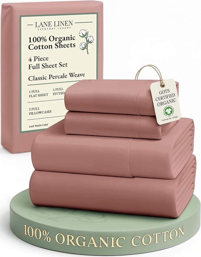 LANE LINEN 100% Organic Cotton Full Sheets Set, 4-Piece Pure Organic Cotton Percale Sheets, Long Staple Cotton Sheet, Ultra Soft Bedding Sheets, Breathable,Fits Mattress Upto 15" Deep - Rose Dawn