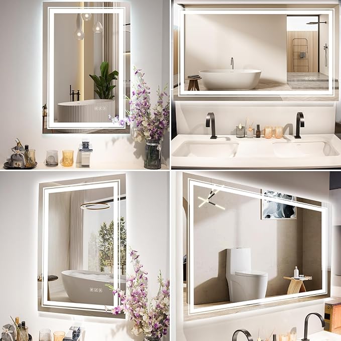 20x30 LED Mirror for Bathroom with Front and Backlit Light Up Digital Mirrors for Wall,Anti Fog,Stepless Dimmable,Tempered Silver Glass Smart Vanity Mirror for Bathroom