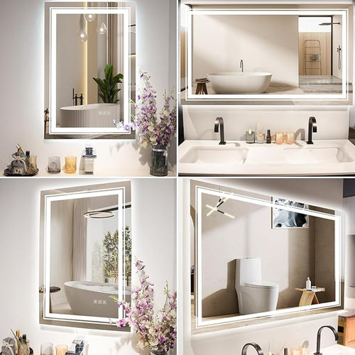 20x30 LED Mirror for Bathroom with Front and Backlit Light Up Digital Mirrors for Wall,Anti Fog,Stepless Dimmable,Tempered Silver Glass Smart Vanity Mirror for Bathroom