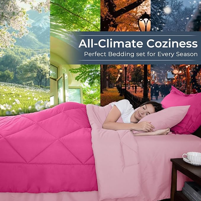 HEVUMYI Hot Pink & Baby Pink Twin-XL Comforter Set - 5-Piece All Season Bed in a Bag Twin-XL, Ultra Soft Bedding Set with Comforter, Flat Sheet, Fitted Sheet, Pillowcases, Pillow Shams