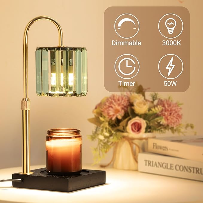 Candle Warmer Lamp with Timer, Dimmable Candle Wamer Adjustable Height, Glass Modern Candle Melter Lamp, Elegant Home Decor, Green, Gifts for Women Mom