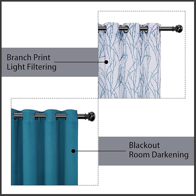 BONZER Mix and Match Curtains - 2 Pieces Branch Print Sheer Curtains and 2 Pieces Blackout Curtains for Bedroom Living Room Grommet Window Drapes, 54x63 Inch/Panel, Teal, Set of 4 Panels