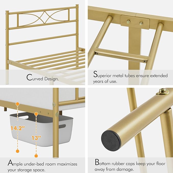 Yaheetech Twin Metal Bed Frame, Platform Bed Frame, Mattress Foundation with Curved Design Headboard & Footboard, Heavy-Duty Support, Easy Assembly, Twin, Antique Gold