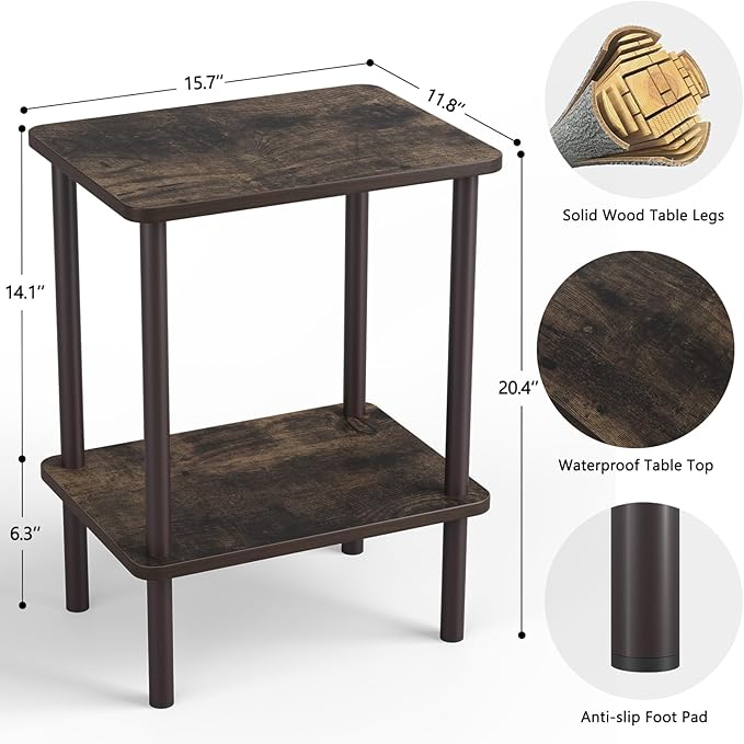Apicizon 2 Tier End Table, Small Side Table with Solid Wood Legs, Boho Bedside Table with Storage Shelf, Nightstand for Small Spaces, Bedroom, Living Room, Entryway, Easy Assembly, Rustic Oak