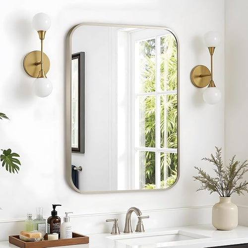 20"x30" Brushed Nickel Bathroom Vanity Mirror for Over Sink, Rounded Rectangle Silver Metal Frame Mirror for Wall, Living Room, Entryway, Vertical or Horizontal