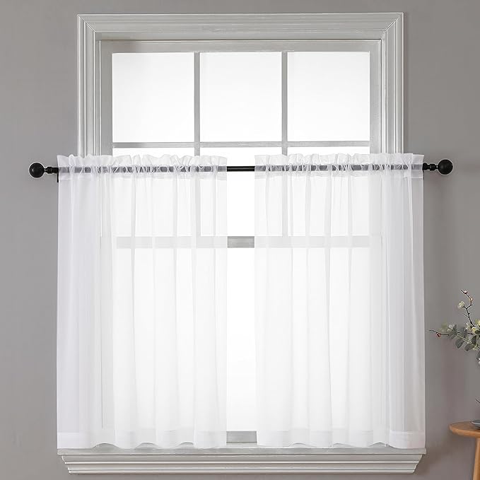 Chyhomenyc White Sheer Curtains 30 inch Length 2 Panels, Light Filtering Voile Rod Pocket Short Window Curtians for Bathroom Living Room Farmhouse Small Windows, 42Wx30L inches