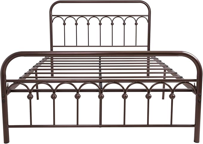 YALAXON Vintage Sturdy Full Size Metal Bed Frame with Headboard and Footboard Basic Bed Frame No Box Spring Needed，Antique Brown