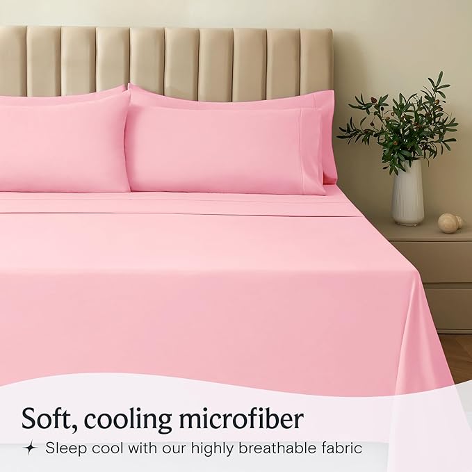 LuxClub 5 PC Sheet Set Bed Sheets Deep Pockets 16" Eco Friendly Wrinkle Free Cooling Machine Washable Hotel Bedding Silky Soft - Baby Pink Split King