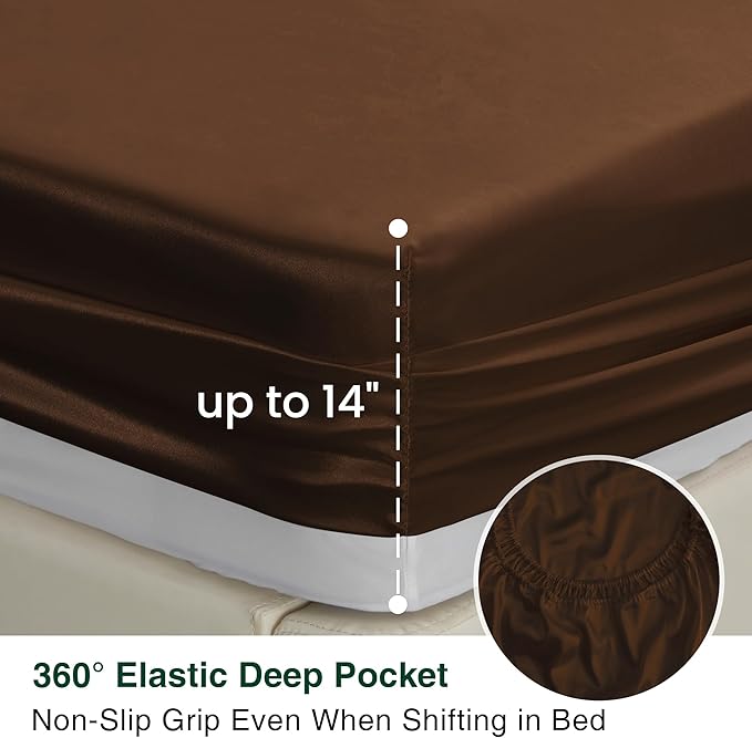 Love's cabin 4Piece California King Satin Bed Linen Set, Brown Silky Satin Sheets, Deep Pocket, Luxury Silk Feel, 1 Flat, 1 Fitted Sheet, 2 Pillow Cases