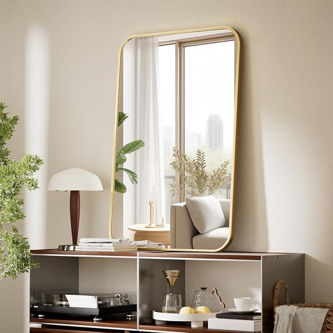 BEAUTYPEAK 24" x 36" Rectangular Aluminum Alloy Frame Wall Mounted Bathroom Mirror with Rounded Corners, Gold