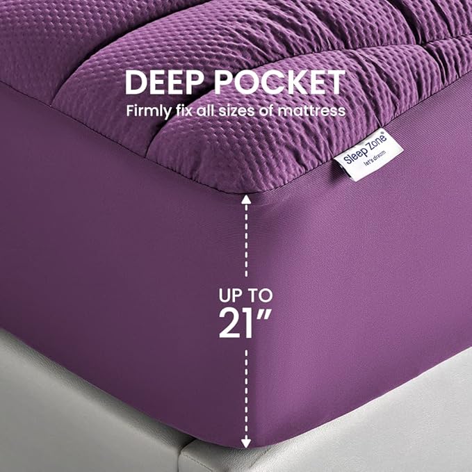 SLEEP ZONE Full Size Cooling Mattress Pad for Double Bed, Premium Zoned Quilted Mattress Topper, Wrap Around Mattress Protector Cover, Machine Wash Durable, Deep Pocket 8-21 inch, Purple, Full