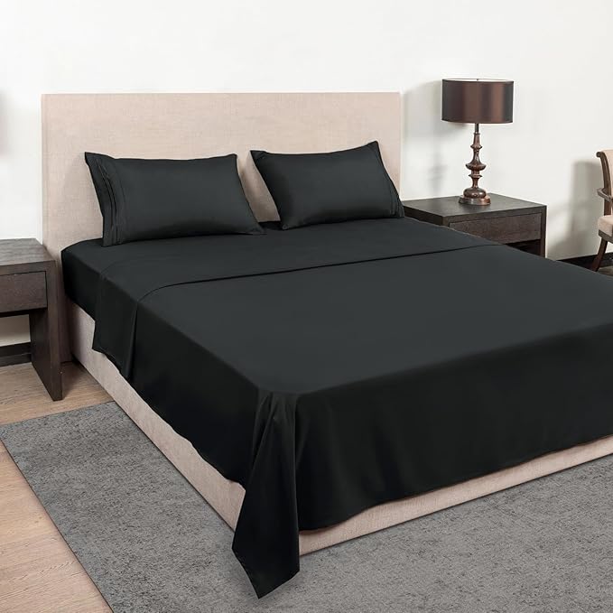 Mejoroom King Size Bed Sheet Set - Hotel Luxury 1800 Bedding Sheets & Pillowcases - 16" Deep Pocket Fitted Sheet, Soft, Breathable, Wrinkle & Fade Resistant - 4 Piece(King, Black)