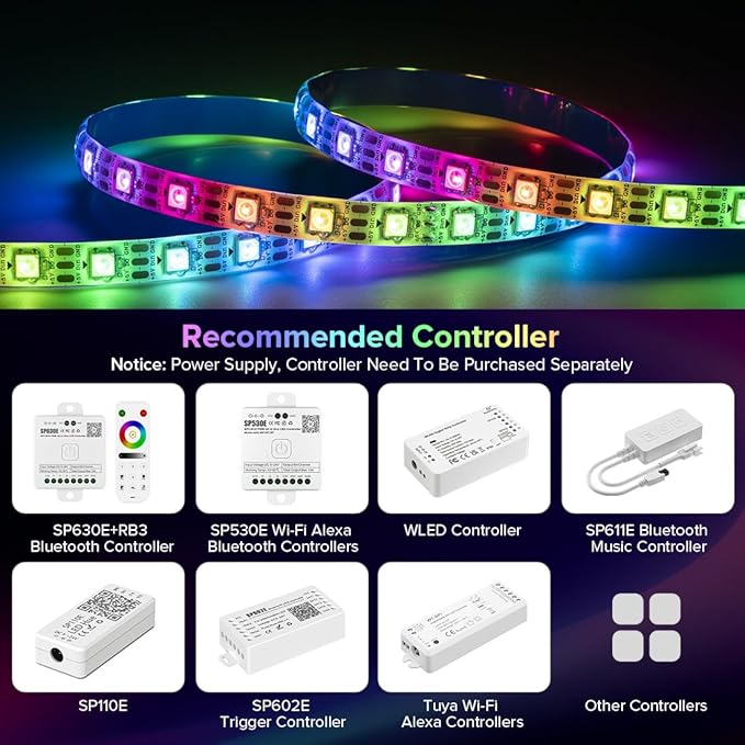 SEZO WS2812B LED Strip Light 16.4FT 60Pixel/M 300LEDs DC5V Individual Addressable LED Strip SMD5050 RGB Dream Color Programmable LED Light Strip Flexible IP65 Waterproof White PCB