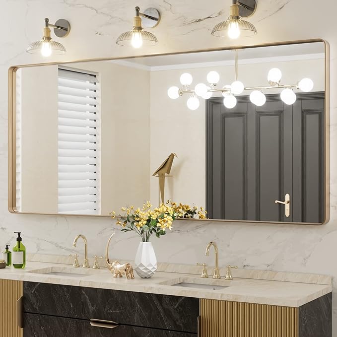 LOAAO 72”X32” Gold Bathroom Mirror, Rounded Rectangle Gold Frame Mirror, Brushed Gold Bathroom Vanity Mirror Wall-Mounted, Anti-Rust, Tempered Glass, Hangs Horizontally or Vertically