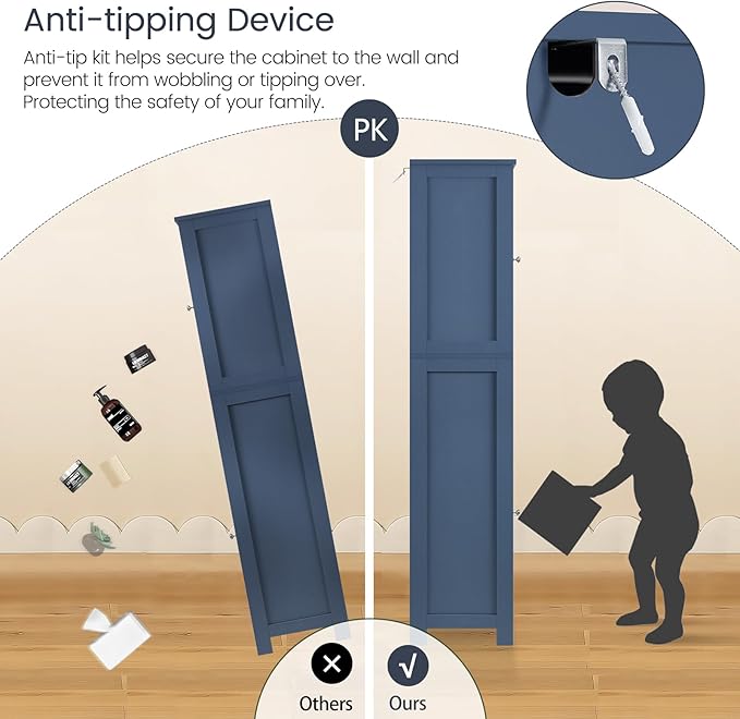 Iwell 67" Tall Bathroom Cabinet, Storage Cabinet with 2 Doors & 1 Drawer, Bathroom Storage Cabinets with Adjustable Shelves, for Living Room, Laundry Room, Home Office, Blue
