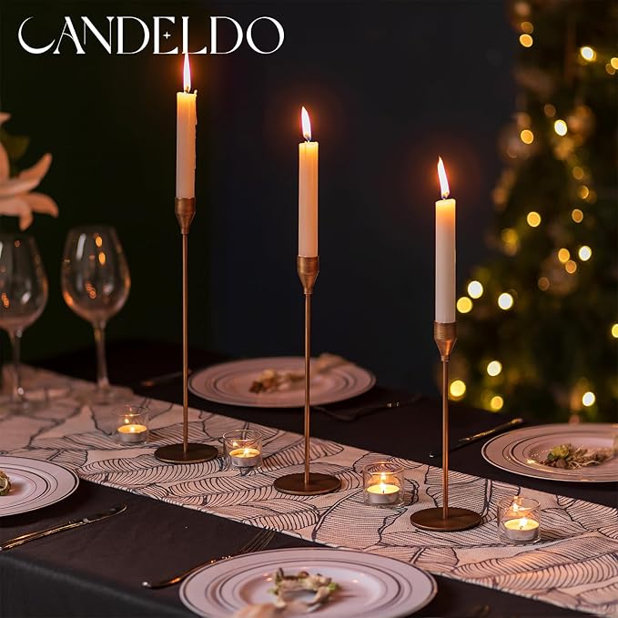 Brass Taper Candle Holders: Set of 6 Tall Candlestick Holder for Table Centerpiece Metal Gold Candles Stick Holders Candle Stand Brushed Wedding Decor