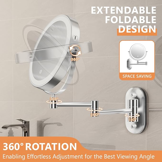 Auxmir 1X/30X Wall Mounted Makeup Mirror with Light, 8" Rechargeable Double-Sided Magnifying Mirror, Vanity Mirror Dimmable 3 Color Light, 360° Extension Rotation Foldable 14.5 Inch Arm, Chrome