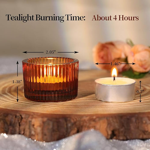 18 pcs Amber Tealight Candle Holders with 18PCS Tealights, Glass Votive Candle Holders Set for Table Centerpiece, Home Decor and Party Supplies