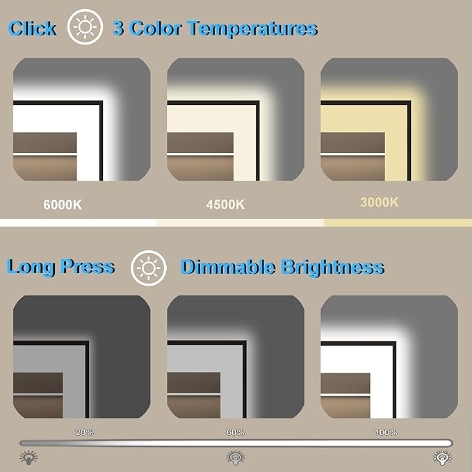 24 x 36 Inch LED Bathroom Mirror with Black Frame, Lighted Bathroom Mirrors for Vanity with Super Bright Front Light + Backlit, Anti-Fog, 3 Colors Stepless Dimmable Motion Sensor Smart Restroom Mirror