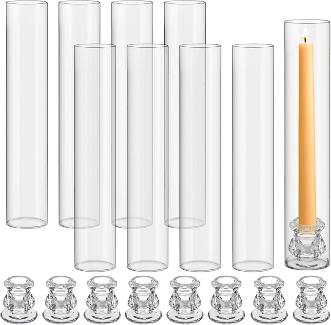 8 Set Christmas Glass Hurricane Candle Holders 12.6" Open Ended Glass Candleholder Tube Shape Bottomless and 2.2" Taper Clear Candlestick Holders for Wedding Party Table Centerpiece (Clear)