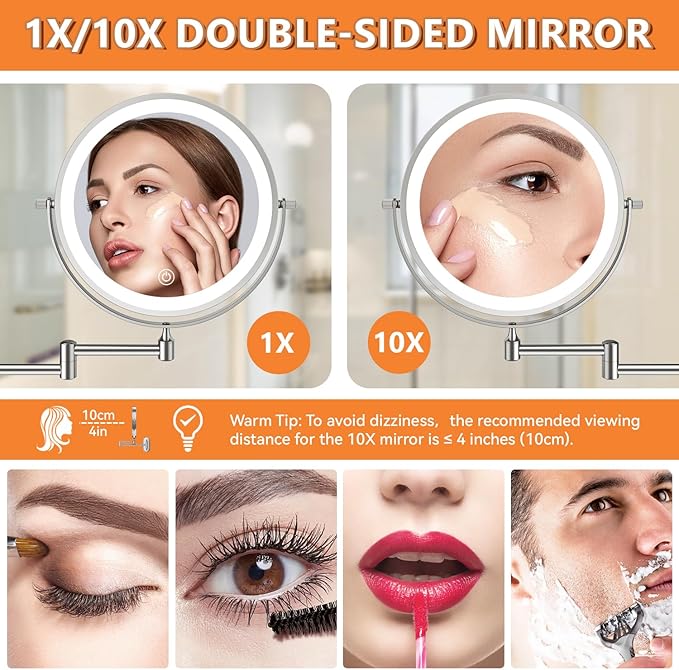 Auxmir Rechargeable Wall Mounted Lighted Makeup Mirror, 8" Double Sided 1X/10X Magnifying Vanity Mirror, 3 Color Lights Touch Dimmable Bathroom Cosmetic with 360° Swivel 13 Inch Extendable Arm, Chrome