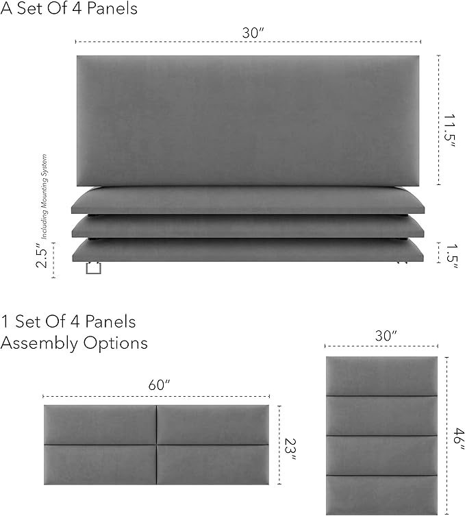 Vänt Upholstered Wall Panels - Queen/Full Size Wall Mounted Headboards - Micro Suede Grey - Set of 4 Panels (Each Individual Panel 30"x11.5")