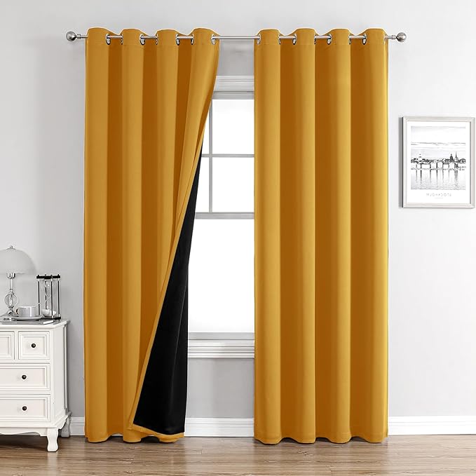 ChrisDowa 100% Blackout Curtains 108 inch Long for Bedroom with Black Liner, 2 Thick Layers Total Blackout Thermal Insulated Grommet Window Curtains 2 Panels Set (Mustard Yellow, 52 x 108 Inch)