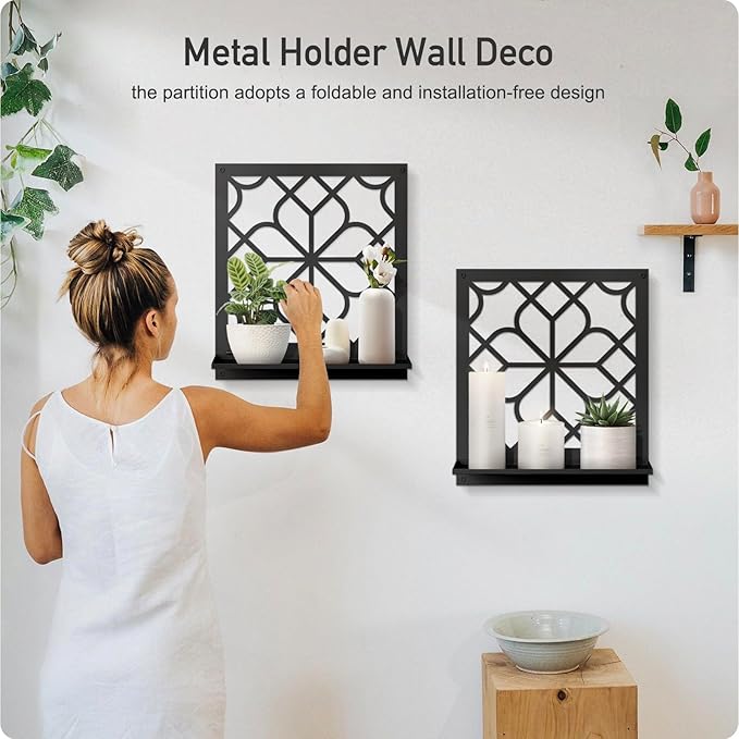 Black Metal Wall Candle Holder Set of 2, Minimalist Rustic Aesthetics Wall Art Decor for Living Room Bedroom Bathroom (11.8 x 13 in)