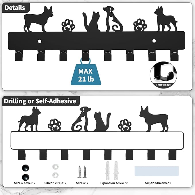 GTK Key Hooks with 8 Hooks Wall Mounted, Key Holder for Wall Decor, Dog Key Holder for Entryway, Self Adhesive Cat Key Rack for Living Room