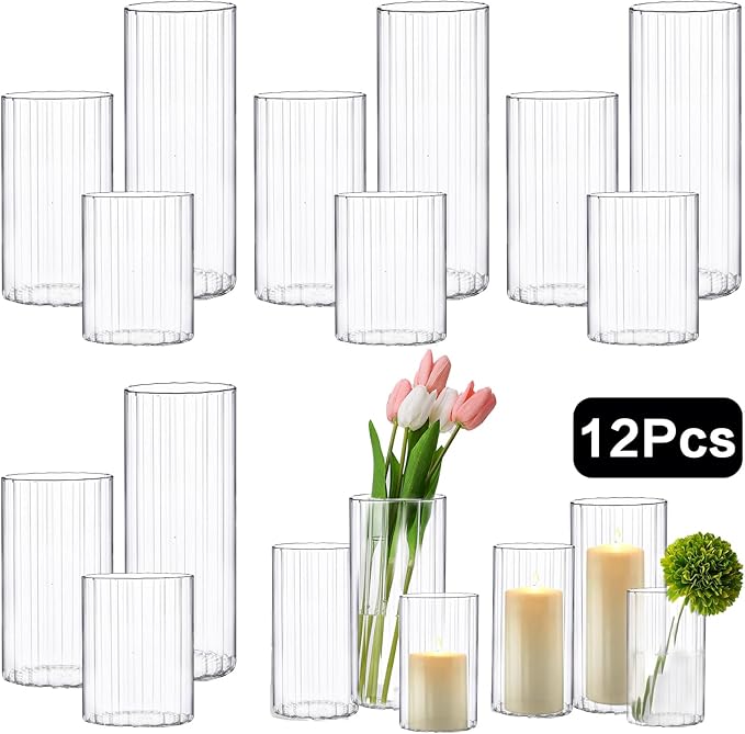 yshengood 12 Pcs Ribbed Hurricane Glass Candle Holders Glass Cylinder Candle Holder for Pillar Candle Floating Candle Holder