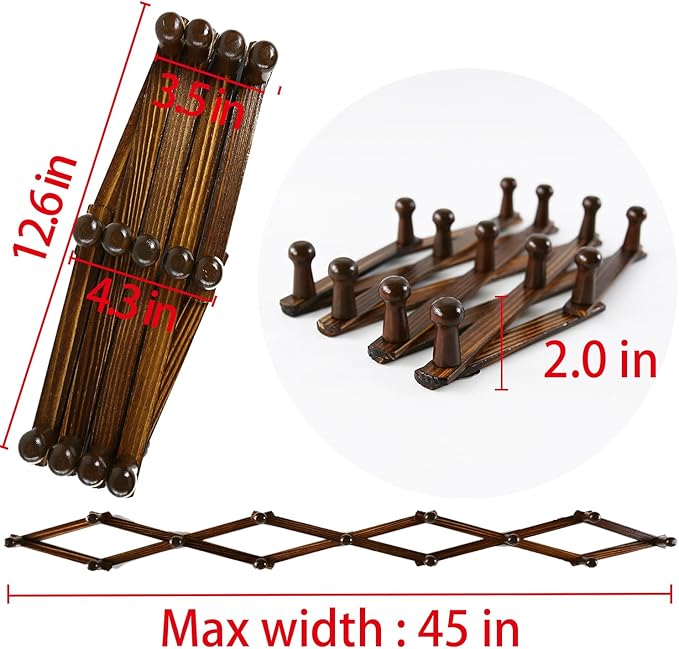AMAPON Accordion Style Expandable Wall Wooden Coat Rack 13 Hooks (Pegs) Hang Hats Jackets Coffee Mug Purses Necklaces Towels Cap Leash Scarves Data Line Kitchenware (Walnut Color)