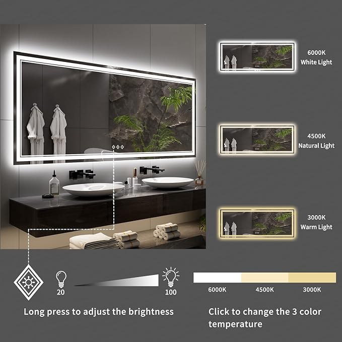 Bathroom Mirror with Lights, 96x36 Inch Gradient Front and Backlit Big Lighted Bathroom Mirror, 3 Colors Dimmable CRI>90 Double Lights, IP54 Enhanced Anti-Fog, Wall Mount LED Mirror