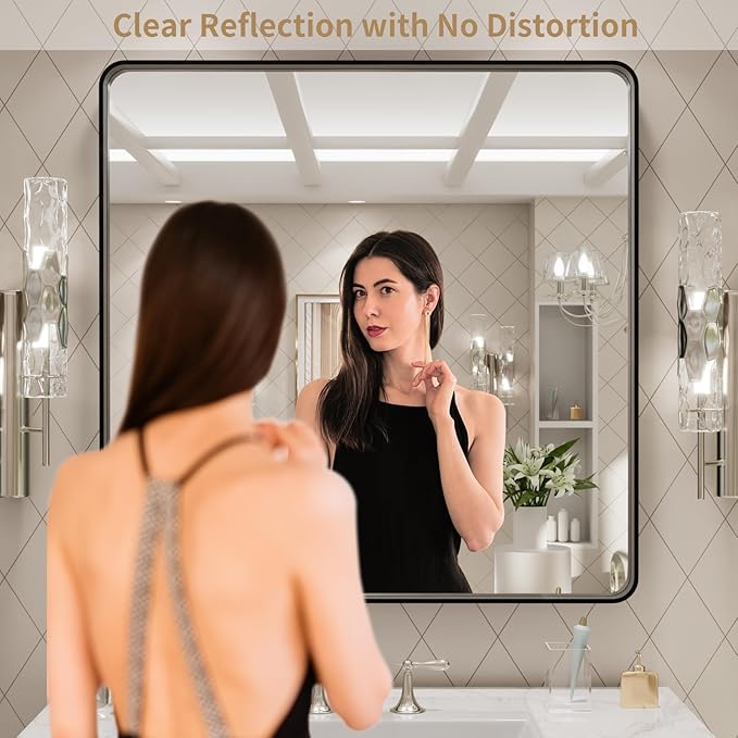 LOAAO 30x30 Inch Black Metal Framed Bathroom Mirror for Wall, Matte Black Bathroom Vanity Mirror Farmhouse, Large Rounded Rectangle Mirror, Anti-Rust, Hangs Horizontally or Vertically