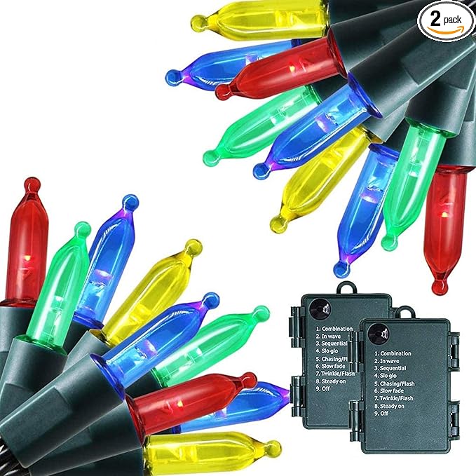 Twinkle Star 2 Pack Battery Operated Christmas Lights, Total 32 FT 100 LED Outdoor Christmas Lights with 8 Modes, Xmas Tree Lights Waterproof for Patio Garden Party Wedding Holiday Decor Multicolor