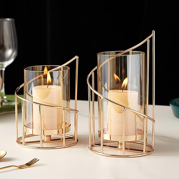 MrMrKura Metal Wire Candle Holder Set of 2, Glass Pillar Candle Holders Gold Decorative Tea Light Candleholders for Home Decor Table Decorations Centerpiece