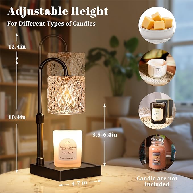 Black Candle Warmer Lamp with Timer -Dimmable Adjustable Height Wax Melt Warmer for Jar Candles,Vintage Home Decor with Elegant Clear Glass,Birthday Gifts for Women, Mom, Friend, Sister