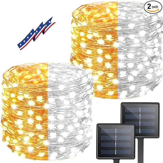 (Warm White ⇋ Cool White) Solar Christmas String Lights Outdoor, 2-Pack Total 80FT 200 LED Solar Twinkle Lights, Waterproof Copper Wire 8 Modes Solar Fairy Lights for Garden Tree Christmas Party Decor