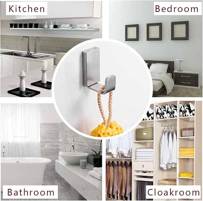 BESy Clothes Hook Single Towel Hooks for Bathroom Kitchen Garage Square Style Robe Hooks Coat and Hat Hook, Self Adhesive with Glue or Wall Mounted with Screws, Stainless Steel，Brushed Nickel