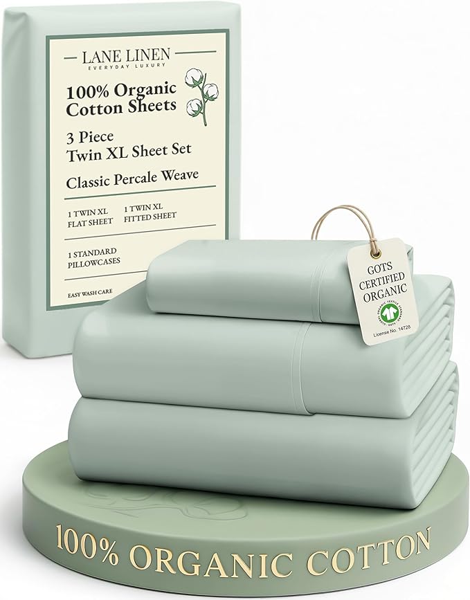 LANE LINEN 100% Organic Cotton Extra Long Twin Sheet & Pillowcase Sets, 15" Deep Pocket Fully Elasticized, Naturally Temperature Regulating Cotton Sheets Twin XL Bed Sheets- Cool Blue