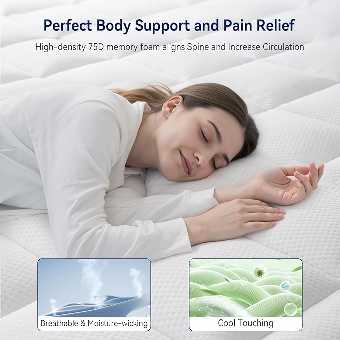 ELEMUSE RV Short Queen Dual Layer 3 Inch Memory Foam Mattress Topper, 2 Inch Cooling Gel Memory Foam Bed Pad and 1 Inch Soft Pillow Top Mattress Pad for Back Pain Relief & Hot Sleepers