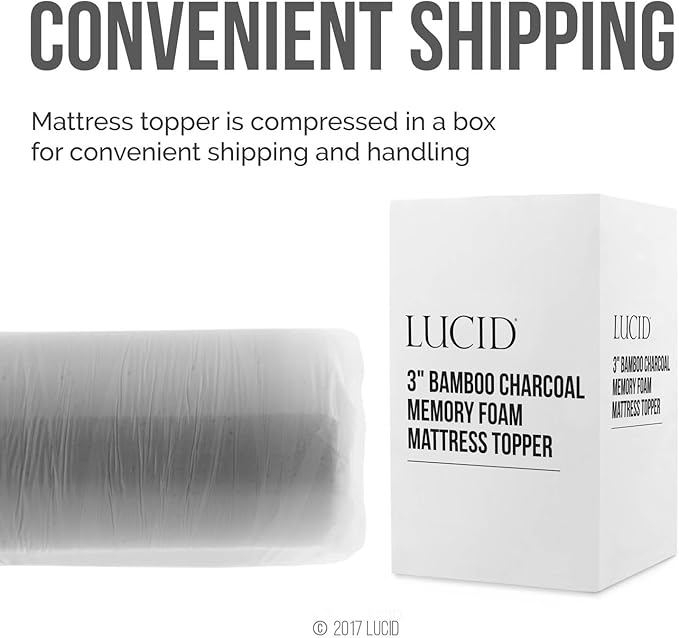 Lucid 3 Inch Ventilated Bamboo Charcoal Memory Foam Mattress Topper, CertiPUR-US Certified, Moisture and Odor Control-Full