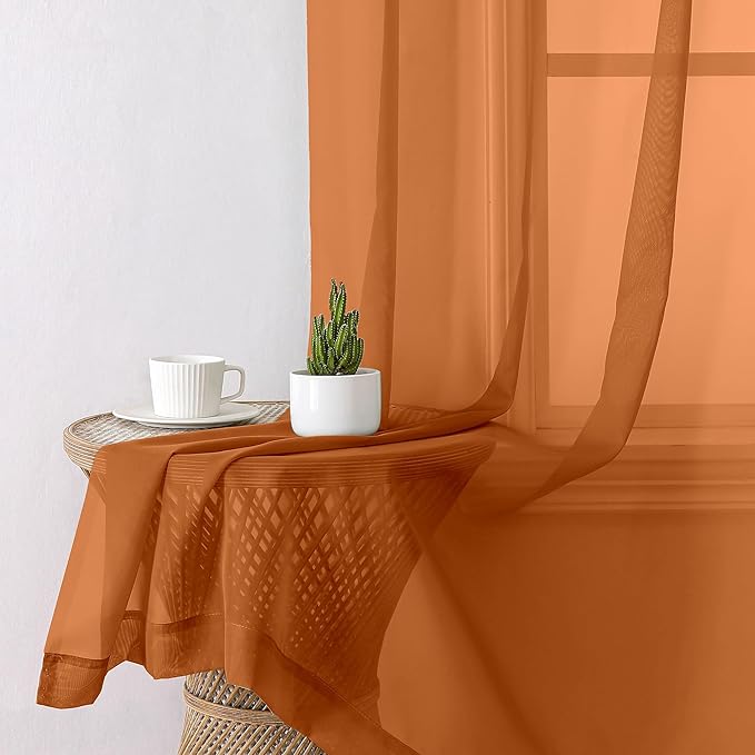 Aiyufeng Orange Sheer Curtains 90 Inches Long 2 Panels Set, Light Filtering Soft Airy Voile Rod Pocket Orange Sheer Window Drapes for Bedroom Living Room, Each 42Wx90L Inches