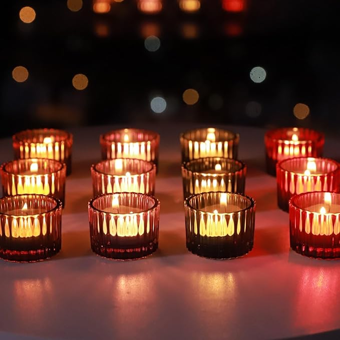 VOHO 24pcs Multicolor Votive Candle Holders for Centerpiece Table Decorations, Ribbed Glass Christmas Candle Holder Gifts for Women, Festive Tealight Candle Holder for Votive/Tea Lights Candles