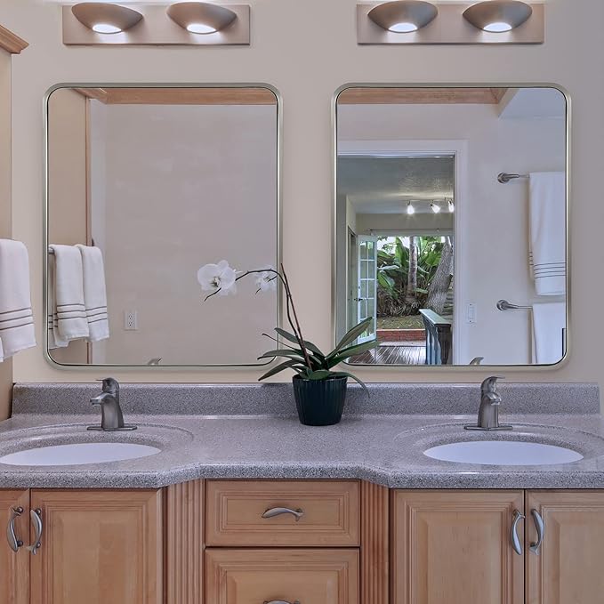 ANDY STAR Brushed Nickel Bathroom Mirror, 30x36’’ Rounded Corner Rectangle Nickel Mirror Bathroom Vanity Mirror Tube Metal Framed, SUS304-Anti-Rust Wall-Mounted Horizontal/Vertical 1’’ Deep