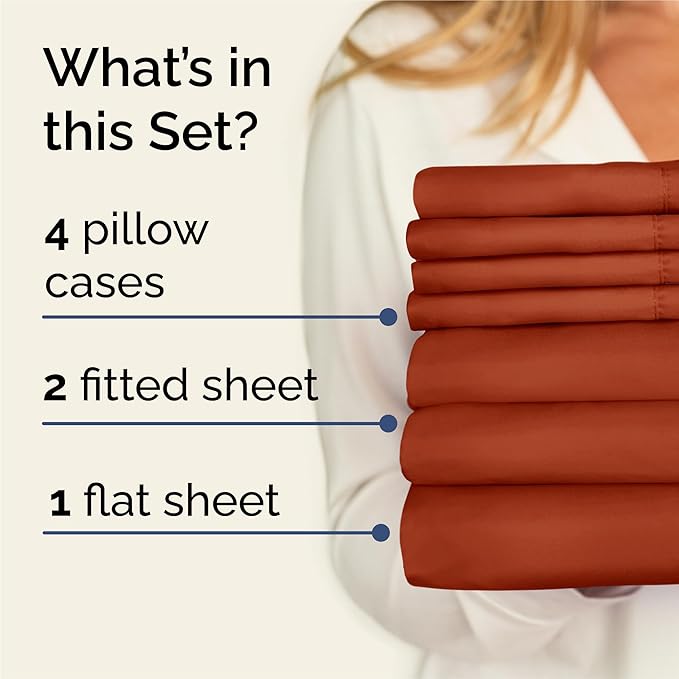 Split King 7 Piece Sheet Set - Comfy Breathable & Cooling - Soft Hotel Luxury Bedding Set with 8-16 Inch Deep Pockets - 1 Flat & 2 Fitted Sheet & 4 Pillowcases - Wrinkle Free & Easy Care - Terracotta