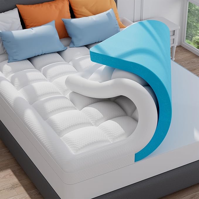 ELEMUSE Super Olympic Queen Dual Layer 3 Inch Memory Foam Mattress Topper, 2 Inch Cooling Gel Memory Foam Bed Pad and 1 Inch Soft Pillow Top Mattress Pad for Back Pain Relief & Hot Sleepers