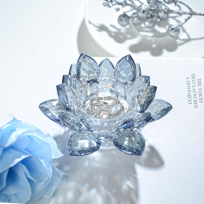 Crystal Lotus Flower Tealight Candle Holders/Glass Tea Light Candlestick Decor Decoration for Christmas Home Wedding Party… (Blue 2pcs)