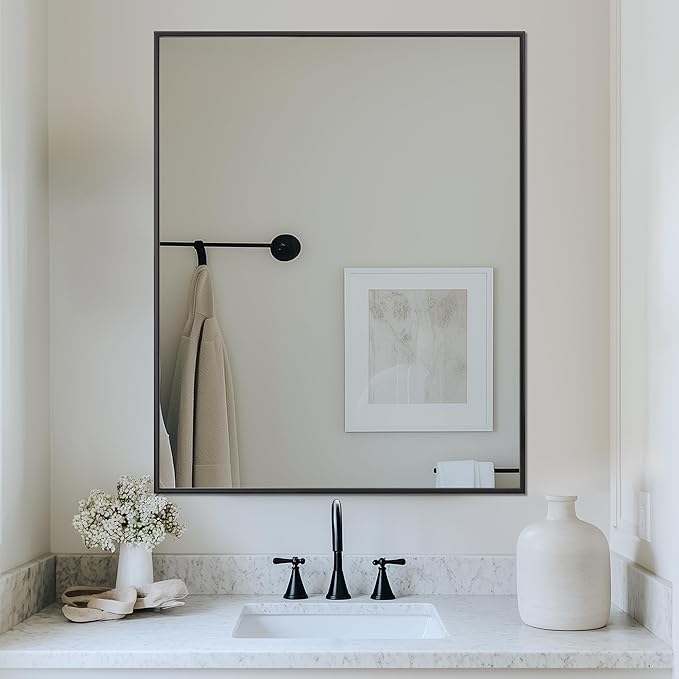 Antok Bathroom Mirror,40"x32" Wall Mirror, Decorative Mirrors Vanity Mirror Aluminum Alloy Frame Contemporary Hanging Mirror for Living Room Bathroom Entryway,Black,Rect Corner